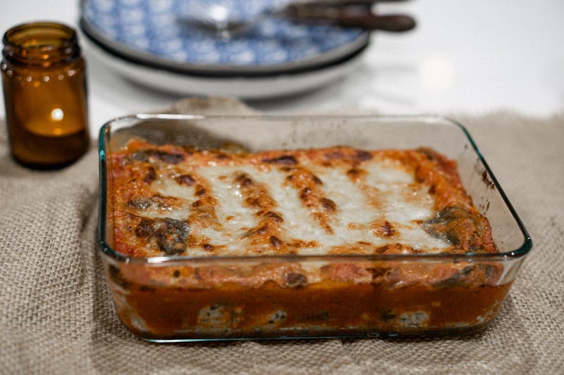 Baked lasagna with meat sauce and cheese